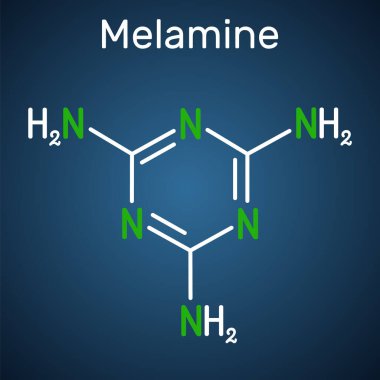 Melamine C3H6N6 molekülü. Melamin reçineleri üretmek için kullanılır. Koyu mavi arkaplanda yapısal kimyasal formül. Vektör illüstrasyonu
