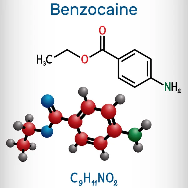 Molécula Benzocaína Anestésico Local Fórmula Química Estructural Modelo Molecular Ilustración — Vector de stock