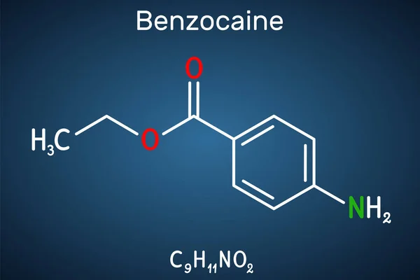 Molécula Benzocaína Anestésico Local Fórmula Química Estructural Sobre Fondo Azul — Vector de stock