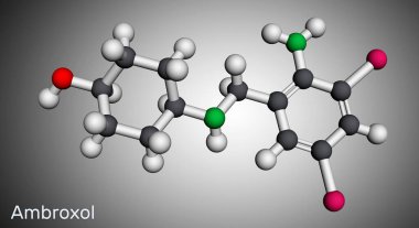Ambroxol mükoaktif ilaç molekülü. Solunum hastalıklarının tedavisinde kullanılan aromatik amin, sekretertolitik ve sekretertomotorik bir maddedir. Moleküler model. 3 boyutlu görüntüleme. Görüntü