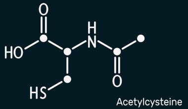 Asetilsistein, N-asetilsistein, NAC ilaç molekülü. Antioksidan ve glutathione indükleyici. Koyu mavi arka planda iskelet kimyasal formül. Görüntü