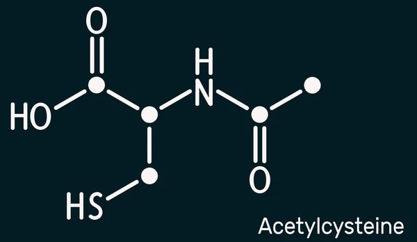 乙酰半胱氨酸 乙酰半胱氨酸 Nac药物分子 它是一种抗氧化剂和谷胱甘肽诱导物 深蓝色背景上的骨骼化学式 说明1 — 图库照片