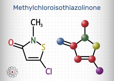 Metilkloroizotiazolin, MCI molekülü. Bu Isothiazolinone, güçlü bir biyoilaç ve antibakteriyel, anti-mantar özelliklerine sahip koruyucu. Kafesteki bir kağıt parçası. Vektör illüstrasyonu