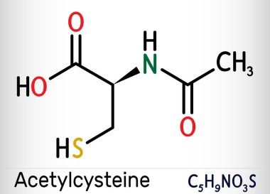 Asetilsistein, N-asetilsistein, NAC ilaç molekülü. Antioksidan ve glutathione indükleyici. İskelet kimyasal formülü. Vektör illüstrasyonu