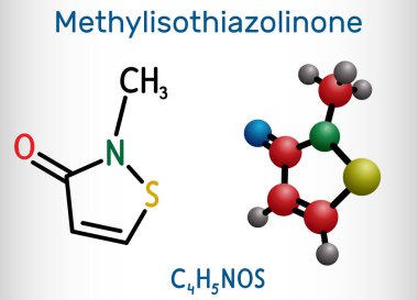 Metilsothiazolin, MIT, MI molekülü. Koruyucu, güçlü bir biyolojik ilaç ve koruyucudur. Yapısal kimyasal formül ve molekül modeli. Vektör illüstrasyonu