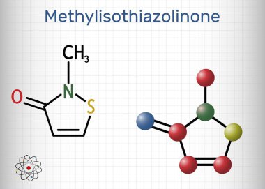 Metilsothiazolin, MIT, MI molekülü. Koruyucu, güçlü bir biyolojik ilaç ve koruyucudur. Yapısal kimyasal formül ve molekül modeli. Kafesteki bir kağıt parçası. Vektör illüstrasyonu