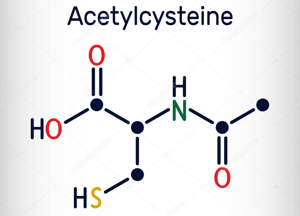 Acetylcysteine, N-acetylcysteine, NAC drug molecule. It is an antioxidant and glutathione inducer. Skeletal chemical formula. Vector illustration