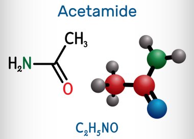 Asetamit, etanamit molekülü. Bu bir monokarboksilik asit amid, deri ve kağıt elde etme sürecinde plastikleştirici olarak kullanılır. Yapısal kimyasal formül ve molekül modeli. Vektör illüstrasyonu