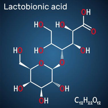 Laktobiyonik asit, laktobiyonik molekül. PHA, polihidroksi asit, disakkarit, şeker asidi, gıda katkı maddesi E399. Koyu mavi arkaplanda yapısal kimyasal formül. Vektör illüstrasyonu