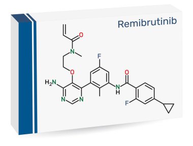 Remibrutinib molecule. Bruton's tyrosine kinase (BTK) inhibitor used to treat chronic spontaneous urticaria. Skeletal chemical formula. Paper packaging for drugs. Vector illustration