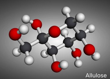 Alüloz molekülü beta-D-psikoliranoz, döngüsel form. Psikoz nadir bulunan bir şeker. Düşük kalorili ve düşük glisemik tatlandırıcı. Moleküler model. 3 boyutlu görüntüleme. Görüntü