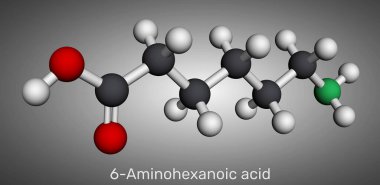 6-Aminohexanoic asit, aminokaproik asit, EACA molekülü. Antifibrinolitik ilaç ve lizin analogu. Moleküler model. 3 boyutlu görüntüleme. Görüntü