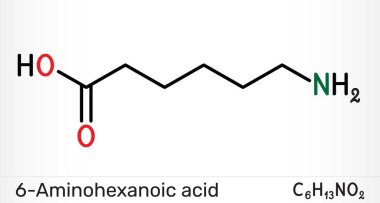 6-Aminohexanoic asit, aminokaproik asit, EACA molekülü. Antifibrinolitik ilaç ve lizin analogu. Kimyasal yapı. Vektör illüstrasyonu