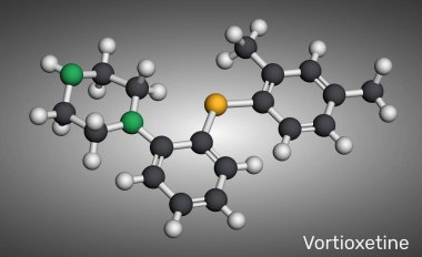 Vortioxetine molekülü. Büyük depresif bozukluğun (MDD) tedavisi için antidepresan ilaç. Moleküler model. 3 boyutlu görüntüleme. Görüntü