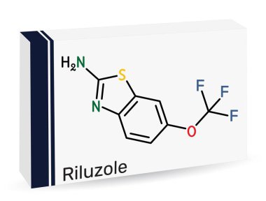 Riluzol benzothiazol nöroaktif ilaç molekülü. Keletal kimyasal formül. Uyuşturucu için kağıt ambalaj. Vektör illüstrasyonu