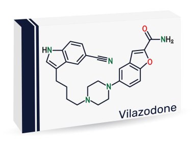 Vilazodone molekülü, SERT inhibitörü ve 5-HT1A reseptör kısmi agonist, antidepresan ilaç. İskelet kimyasal formülü. Uyuşturucu için kağıt ambalaj. Vektör illüstrasyonu