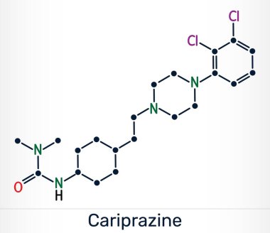 Kariprazin molekülü. Şizofreni ve bipolar bozuklukları tedavi etmek için kullanılan antipsikotik ilaçlar. Kimyasal yapı. Vektör illüstrasyonu