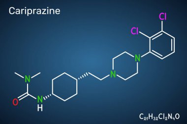 Kariprazin molekülü. Şizofreni ve bipolar bozuklukları tedavi etmek için kullanılan antipsikotik ilaçlar. Kimyasal yapı. Koyu mavi arka plan. Vektör illüstrasyonu
