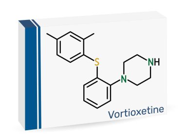 Vortioxetine molekülü. Büyük depresif bozukluğun (MDD) tedavisi için antidepresan ilaç. İskelet kimyasal formülü. Uyuşturucu için kağıt ambalaj. Vektör illüstrasyonu