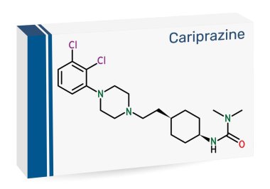 Kariprazin molekülü. Şizofreni ve bipolar bozuklukları tedavi etmek için kullanılan antipsikotik ilaçlar. İskelet kimyasal formülü. Uyuşturucu için kağıt ambalaj. Vektör illüstrasyonu
