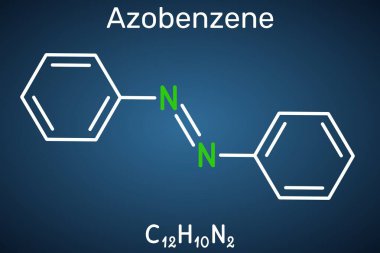 Azobenzen molekülü, fotoswitchable kimyasal bileşiği. Kimyasal yapı. Koyu mavi arka plan. Vektör illüstrasyonu