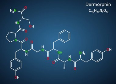 Dermorfin molekülü. Güçlü analjezik aktiviteli doğal afyonlu nöropeptid. Koyu mavi arka plan. İskelet kimyasal formülü. Vektör illüstrasyonu