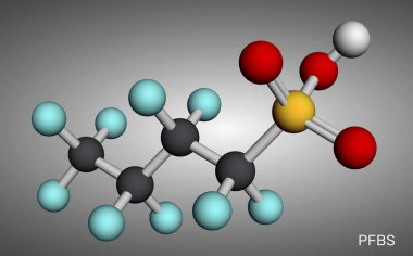 Perflorobütanesülfonik asit veya PFBS molekülü. PFAS çevre kirliliği ve su kirliliği. Moleküler model. 3 boyutlu görüntüleme. Görüntü