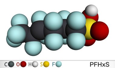 Perflorohexanesulfonik asit veya PFHxS molekülü. PFAS çevre kirliliği ve su kirliliği. Moleküler model. 3 boyutlu görüntüleme. Görüntü