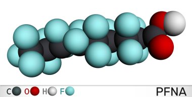 Perfloronanik asit ya da PFNA molekülü. PFAS çevre kirliliği ve su kirliliği. Moleküler model. 3 boyutlu görüntüleme. Görüntü