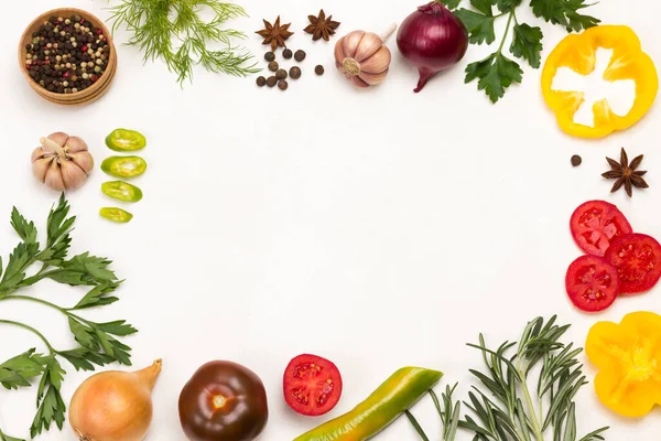 Multicolored vegetables and greens. Healthy Diet vegetarian food.  White Background. Flat lay. Copy space