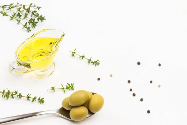 Green Olives Metal Spoon Olive Oil Glass Jar Thyme Sprigs — Stock Photo, Image