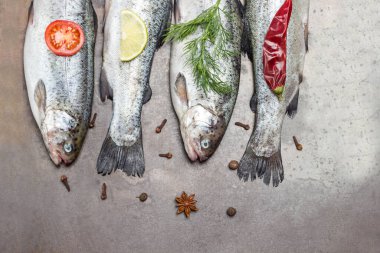 Metal tepside çiğ balık. Biberiye ve limon dilimleri, kırmızı biber. Metalik paslı arka plan. Düz yatıyordu