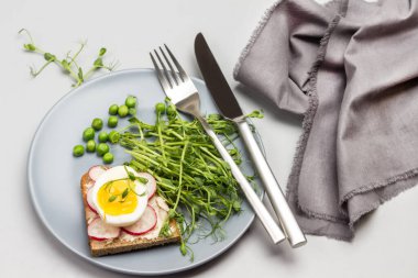 Tavuk yumurtası ve turplu sandviçler, gri seramik tabakta mikro yeşil bezelye filizi. Çatal ve bıçak tabakta. Masadaki gri peçete. Üst Manzara. Gri arkaplan.