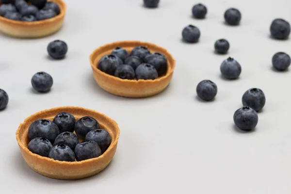 Tartlets Blueberries Blueberries Table Gray Background Top View — Foto de Stock