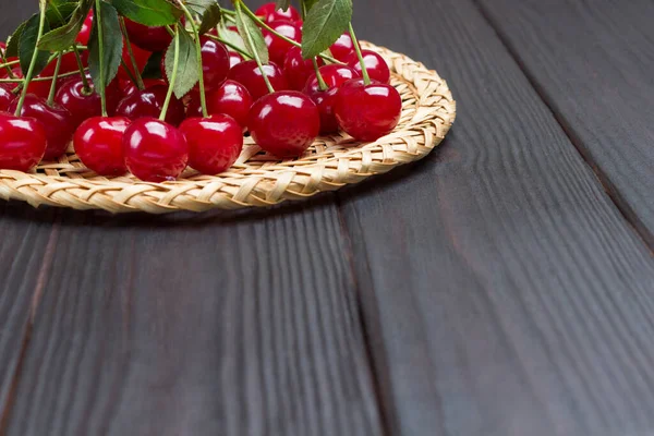 Bunch Cherries Table Wooden Background Top View Copy Space — Stok Foto