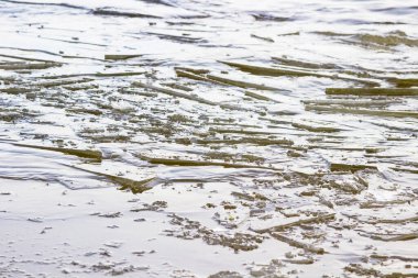 Suda küçük bir buz yığını yüzüyor. Donmuş bir nehir. Kış arkaplanı.