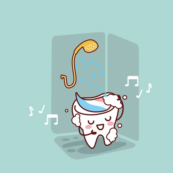 Lindo diente de dibujos animados tomando ducha — Vector de stock
