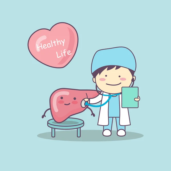 Carino cartoni animati medico controllare fegato — Vettoriale Stock