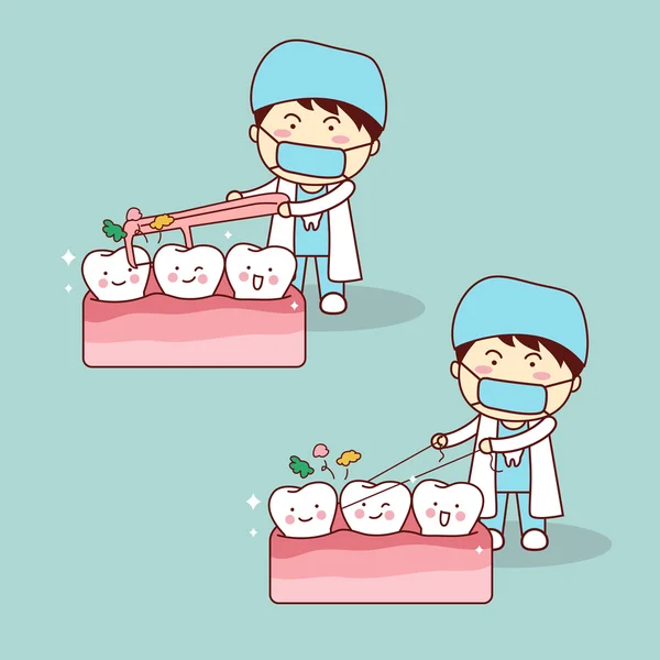 Стоматолог использует зубную нить чистыми зубами — стоковый вектор