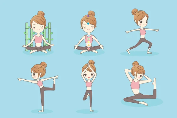 Cartoon young woman practicing yoga — Stock Vector