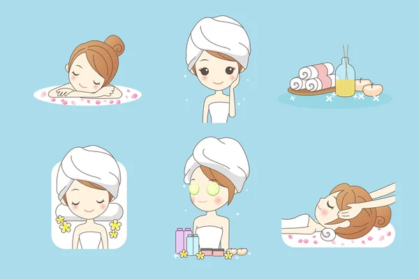 Desenhos animados jovem mulher desfrutar de spa —  Vetores de Stock