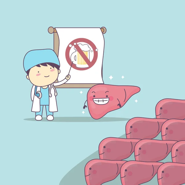 Desenho animado médico ensinar fígado —  Vetores de Stock