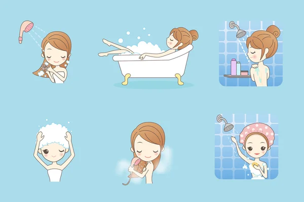 Desenhos animados jovem mulher desfrutar de banho —  Vetores de Stock