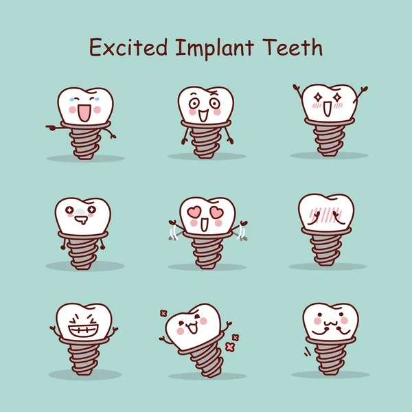 Emocionado conjunto de implantes de dientes de dibujos animados — Vector de stock