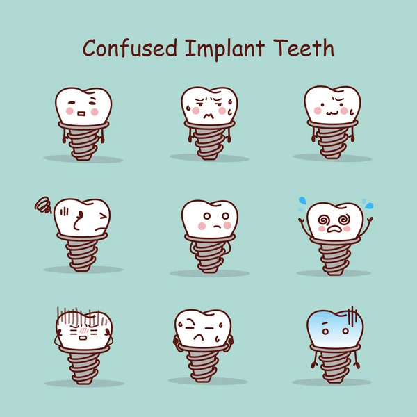 Confundido conjunto de implantes de dientes de dibujos animados — Vector de stock