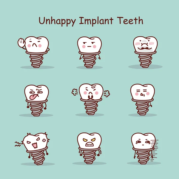 Conjunto de implantes dentários de desenhos animados infelizes —  Vetores de Stock