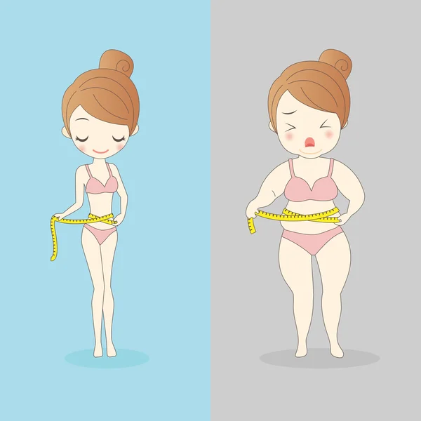 卡通女人穿内衣，拿走减肥标尺 — 图库矢量图片