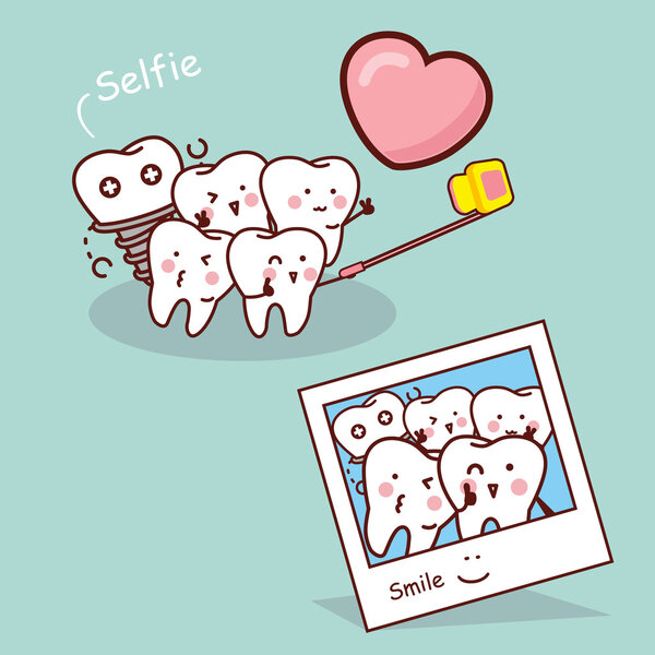Happy cartoon tooth take selfie