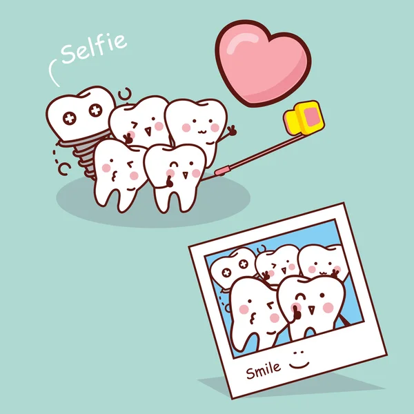 Happy cartoon tooth take selfie - Stok Vektor