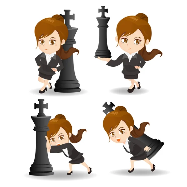 Mulher de negócios empurrar xadrez — Vetor de Stock